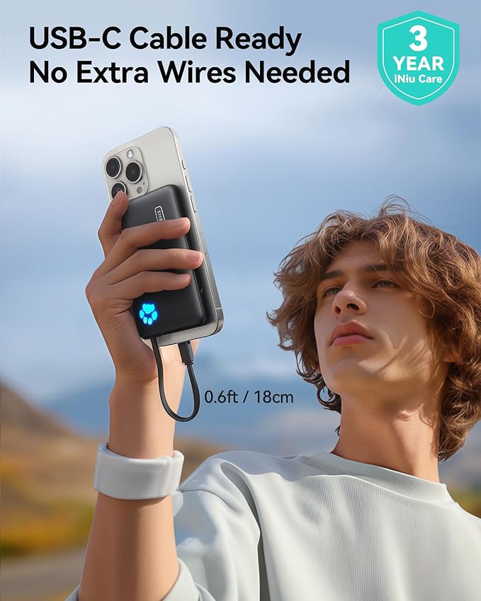 INIU Portable Charger, Slim 10000mAh Power Bank with Build in USB-C Cable, 45W Fast Charging Small Phone Charger, Flight Cruise Ship Trip Accessories Essentials for College Student Boy Girl, Yellow