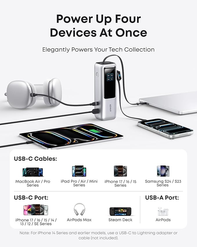 Anker Laptop Power Bank, 25,000mAh Portable Charger with Triple 100W USB-C Ports, Built-in Retractable Cables, Flight-Approved for Travel, iPhone 17/16 Series, MacBook, Samsung, and More