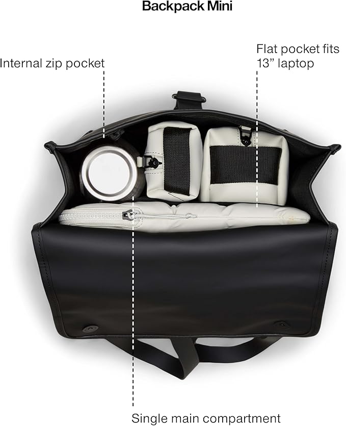 RAINS Backpack Mini - Black Waterproof Backpack for men and Women - Fits 13" Laptop - Durable Compact Water Resistant Bag for Everyday Use, Travel, and Work - 2 Year Warranty