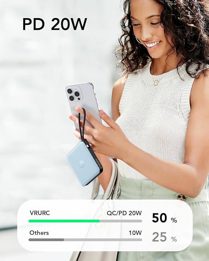 VRURC 10000mAh Portable Charger for iPhone with Built-in Cables, PD 20W Fast Charging Power Bank, Battery Pack for iPhone 17 16 15 14 13 Samsung Galaxy S25 S24 Series Android, Blue(1 Pack)