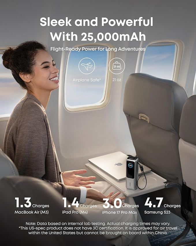 Anker Laptop Power Bank, 25,000mAh Portable Charger with Triple 100W USB-C Ports, Built-in Retractable Cables, Flight-Approved for Travel, iPhone 17/16 Series, MacBook, Samsung, and More