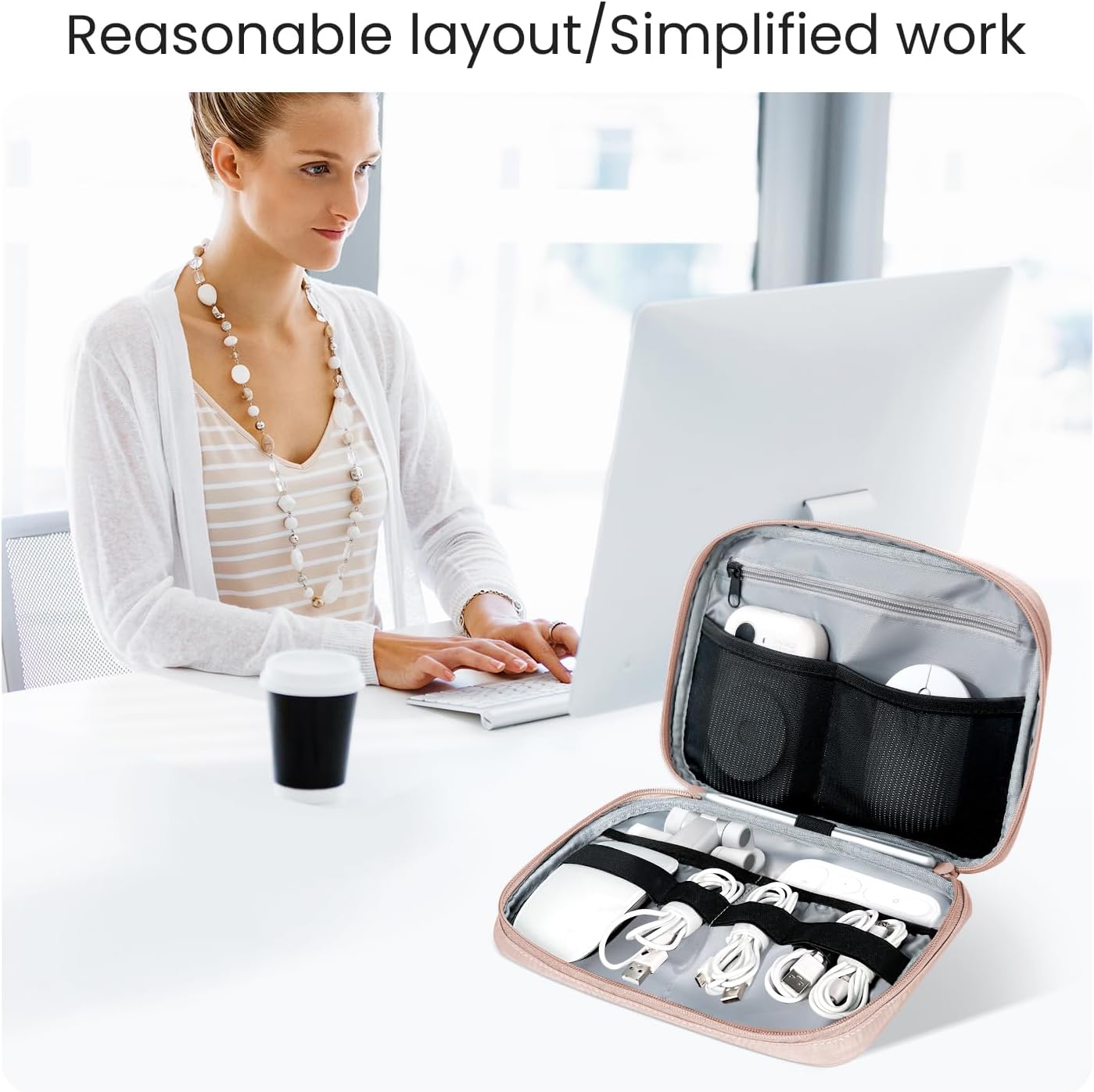 Electronics Organizer Bag, Portable Cable Organizer Case Travel Electronic Accessories Storage Case - Travel storage bag for Cables, Chargers, Phone, SD Cards - Pink