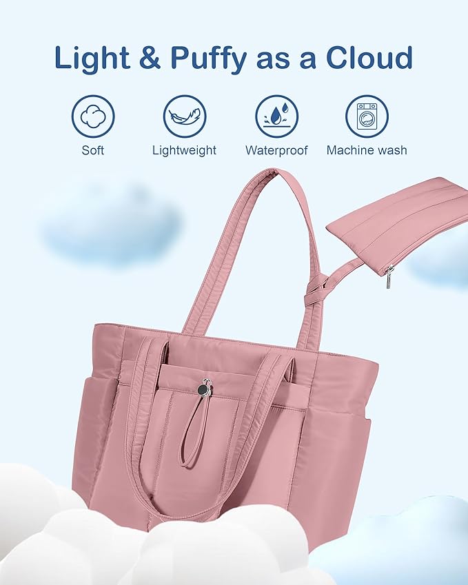 TOPDesign Puffy Tote Bag for Women with Cup Holder & Laptop Compartment & Cosmetic Bag & Trolley Sleeve for Work, Travel