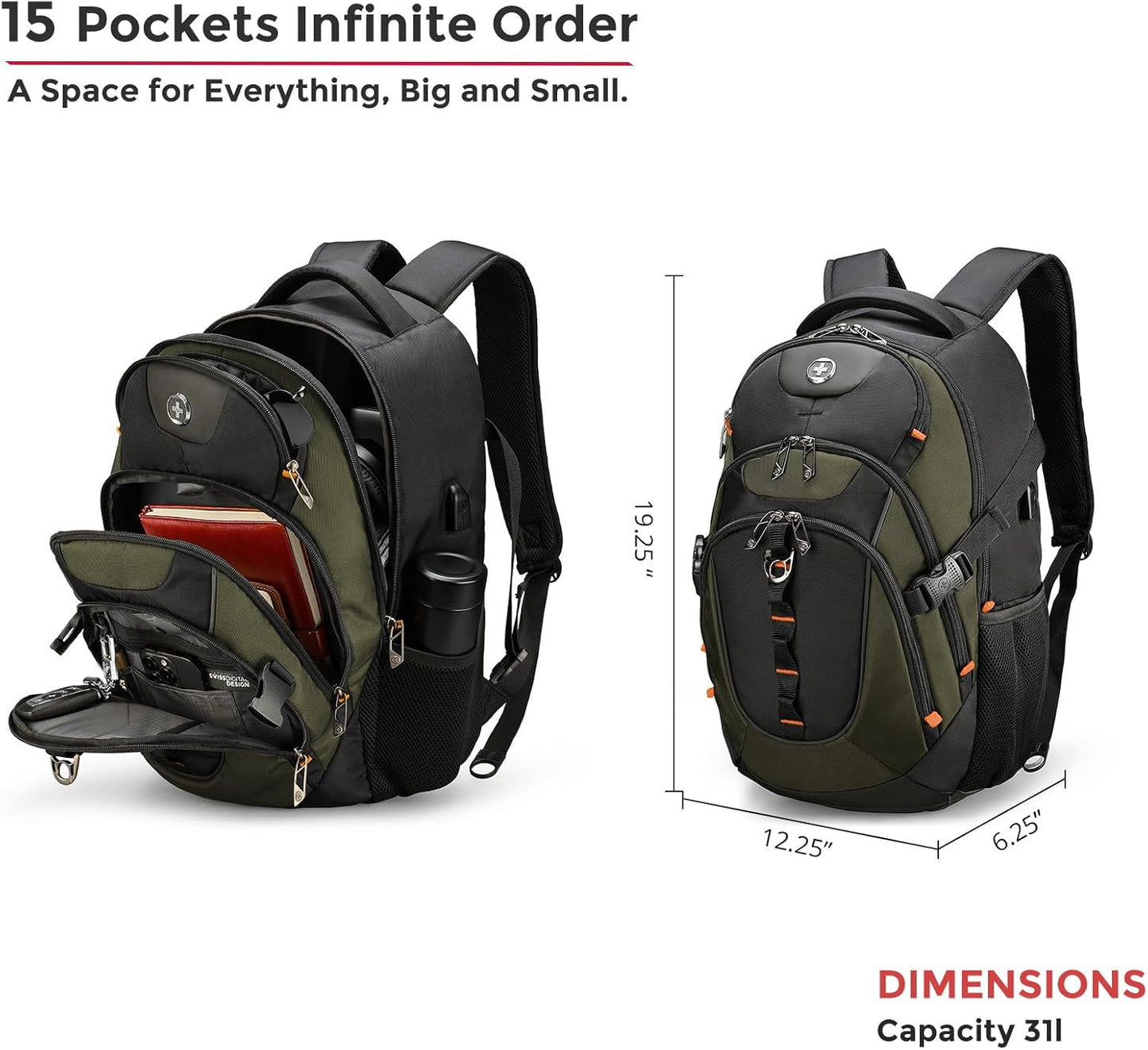 Swissdigital Design Laptop Backpack with USB Charging Port, TSA Travel Backpack Fits 15.6 inches Computer, 31L College School Backpack for Men, Olive/Black | SD803-26