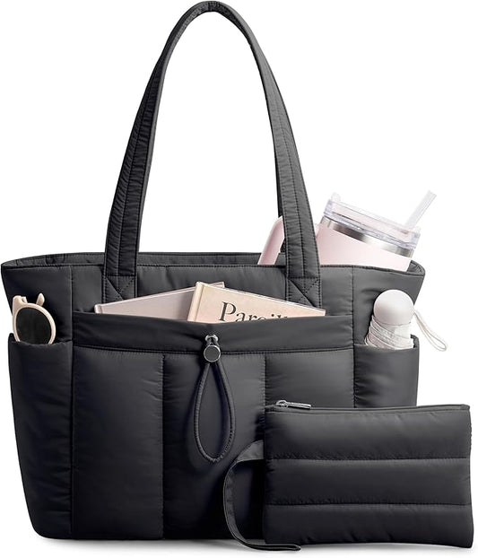 TOPDesign Puffy Tote Bag for Women with Cup Holder & Laptop Compartment & Cosmetic Bag & Trolley Sleeve for Work, Travel