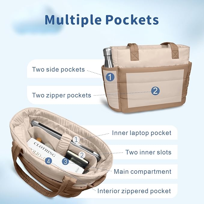 TOPDesign Puffer Tote Bag for Women, Lightweight Puffy Handbag with Compartments, Quilted Shoulder Bag for Work, Travel, Gym