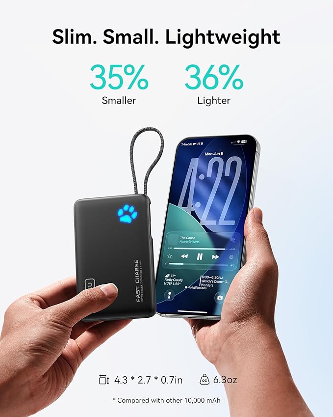 INIU 45W Power Bank, Fast Charging Portable Charger with Built-in USB C Cable, 10000mAh Small Type C Powerbank, Battery Pack for iPhone 17 16 15 14, iPad, Samsung S25 S24 etc Travel Camping Essentials