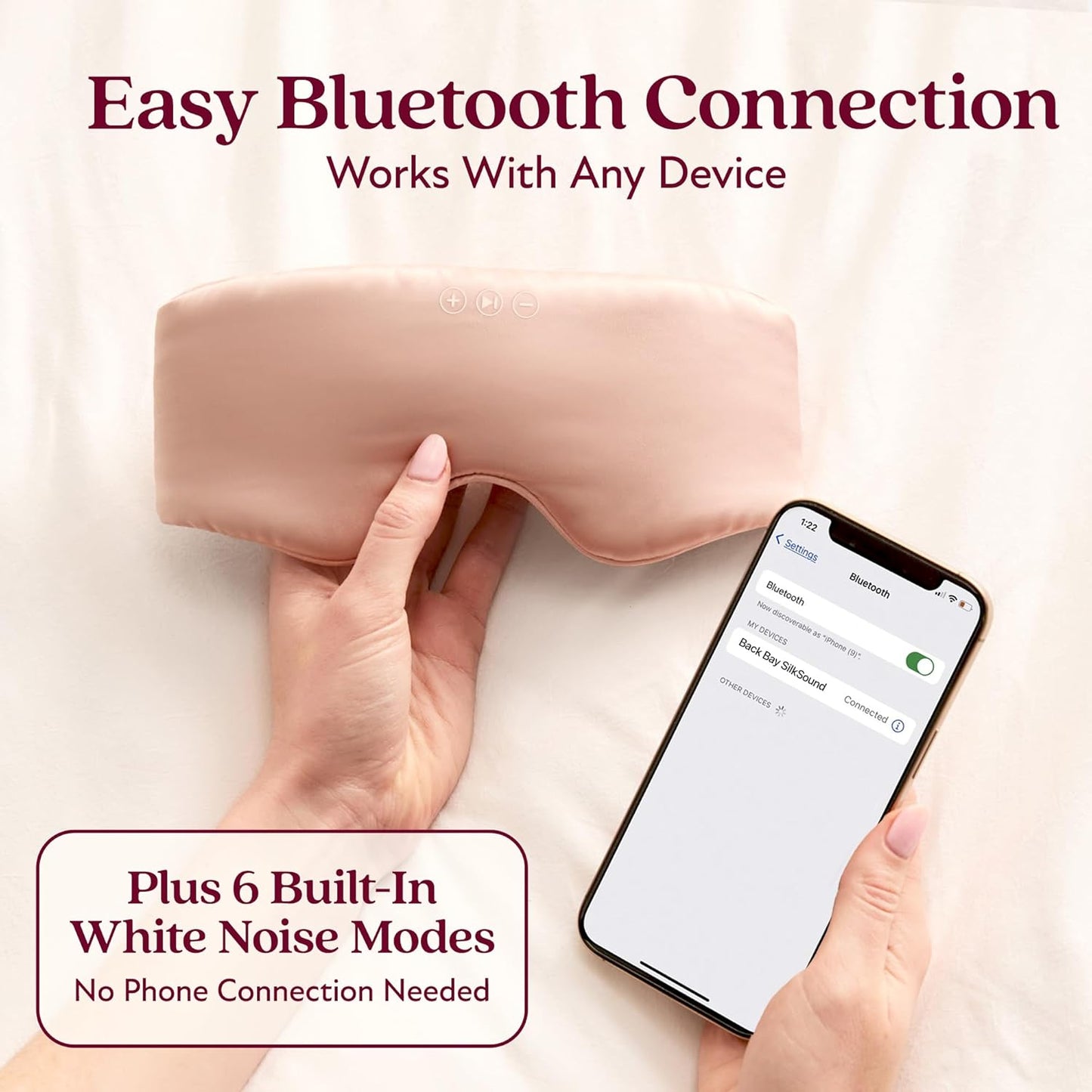 SilkSound 100% Mulberry Silk Bluetooth Sleep Mask, Skin-Friendly Sleeping Eyemask with Bluetooth Sleep Headphones, Silk Eye Mask Headphones with Small Side Speakers, White Noise Head Phones Ear Muffs