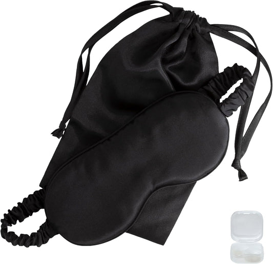 Mulberry Soft Silk Eye Mask for Sleeping with Ear Plugs & Luxury Bag - Cooling Night Eye Covers Sleep Face Mask for Women - Blindfold Travel Eye Mask Blocking Out Light - Black