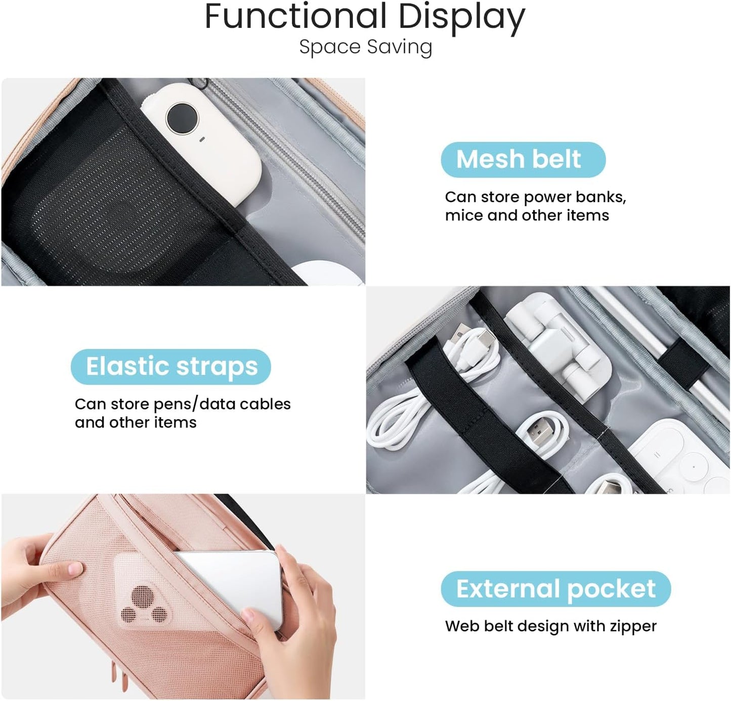 Electronics Organizer Bag, Portable Cable Organizer Case Travel Electronic Accessories Storage Case - Travel storage bag for Cables, Chargers, Phone, SD Cards - Pink