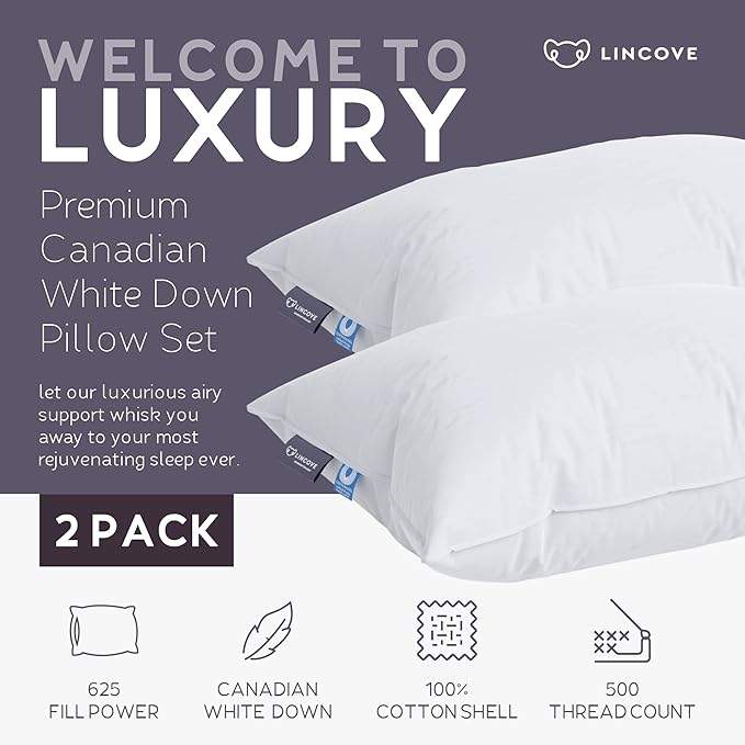 Lincove Cloud Natural Canadian Down Pillow, White Luxury Sleeping Pillow - 625 Fill Power, 100% Cotton Shell, 500 Thread Count, Made in Canada, King - Soft, 2 Pack