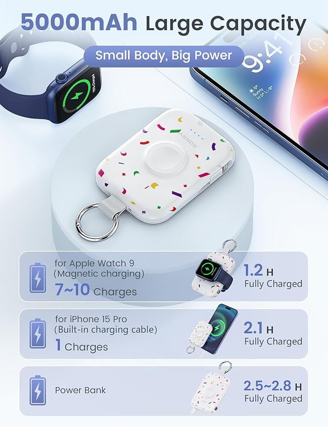 RORRY Portable Charger, 5000mAh Portable Charger Power Bank with Built-in Cables, Travel Keychain Battery Pack for Apple Watch Ultra/11/10/9/8/7/6/SE, iPhone Air/17/16/15/14/13/12, Confetti-White