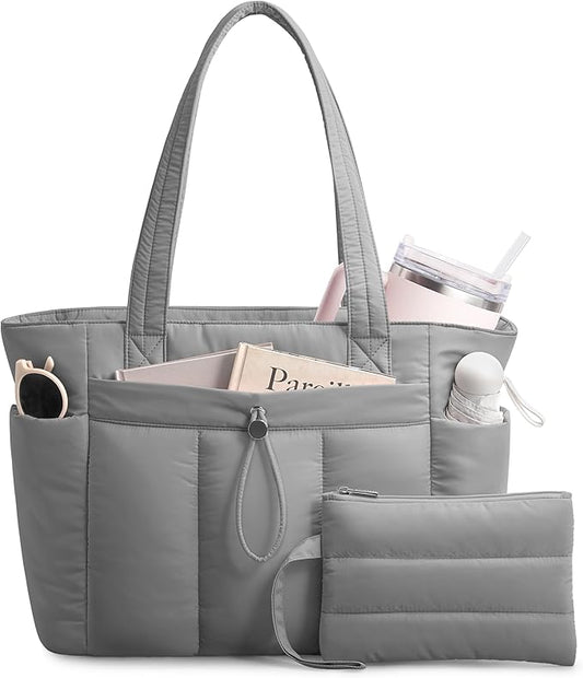 TOPDesign Puffy Tote Bag for Women with Cup Holder & Laptop Compartment & Cosmetic Bag & Trolley Sleeve for Work, Travel