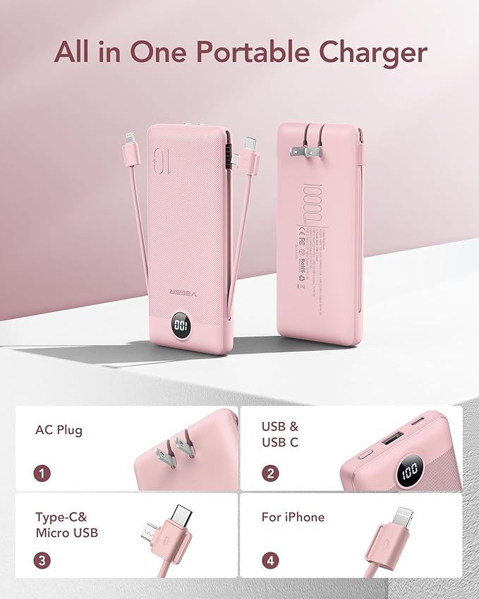 VEGER Portable Charger with Built-in AC Plug and Cables, All in One 10000mAh Ultra Slim Power Bank Travel Essentials, 15W Fast Charging Battery Pack Compatible with iPhone, Samsung, Android (Crepe)