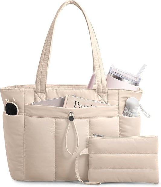 TOPDesign Puffy Tote Bag for Women with Cup Holder & Laptop Compartment & Cosmetic Bag & Trolley Sleeve for Work, Travel