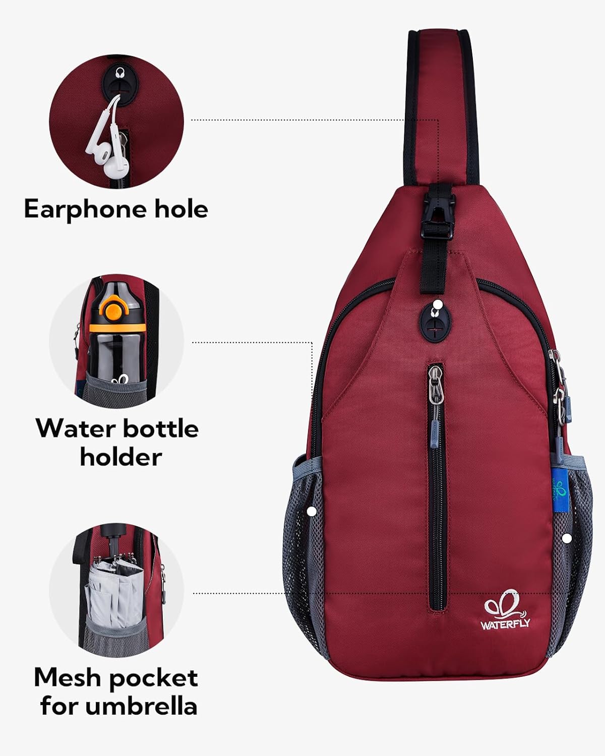 WATERFLY Crossbody Sling Backpack Sling Bag Travel Hiking Chest Bag Daypack (Dark Red)
