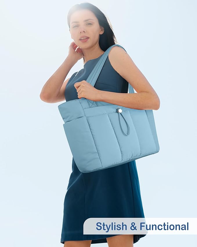 TOPDesign Puffy Tote Bag for Women with Cup Holder & Laptop Compartment & Cosmetic Bag & Trolley Sleeve for Work, Travel