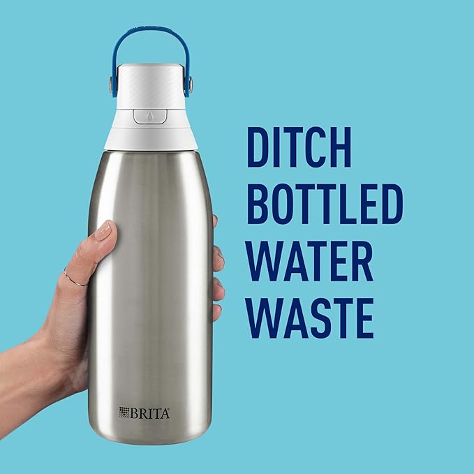 Brita Stainless Steel Premium Filtering Water Bottle, BPA-Free, Reusable, Insulated, Replaces 300 Plastic Water Bottles, Filter Lasts 2 Months or 40 Gallons, Includes 1 Filter, Stainless - 32 oz