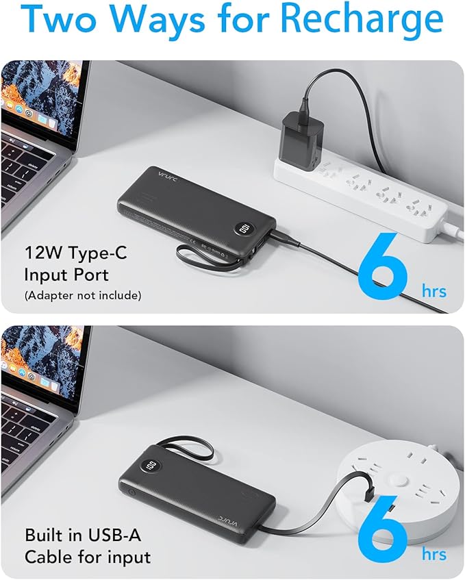 VRURC Portable Charger with Built in Cables, Slim Power Bank 10000mAh, USB C Battery Pack Travel Essential, 5 Outputs 2 Inputs Phone Charging Bank for iPhone 16 15 14 13,Samsung,Android-Black(1 Pack)