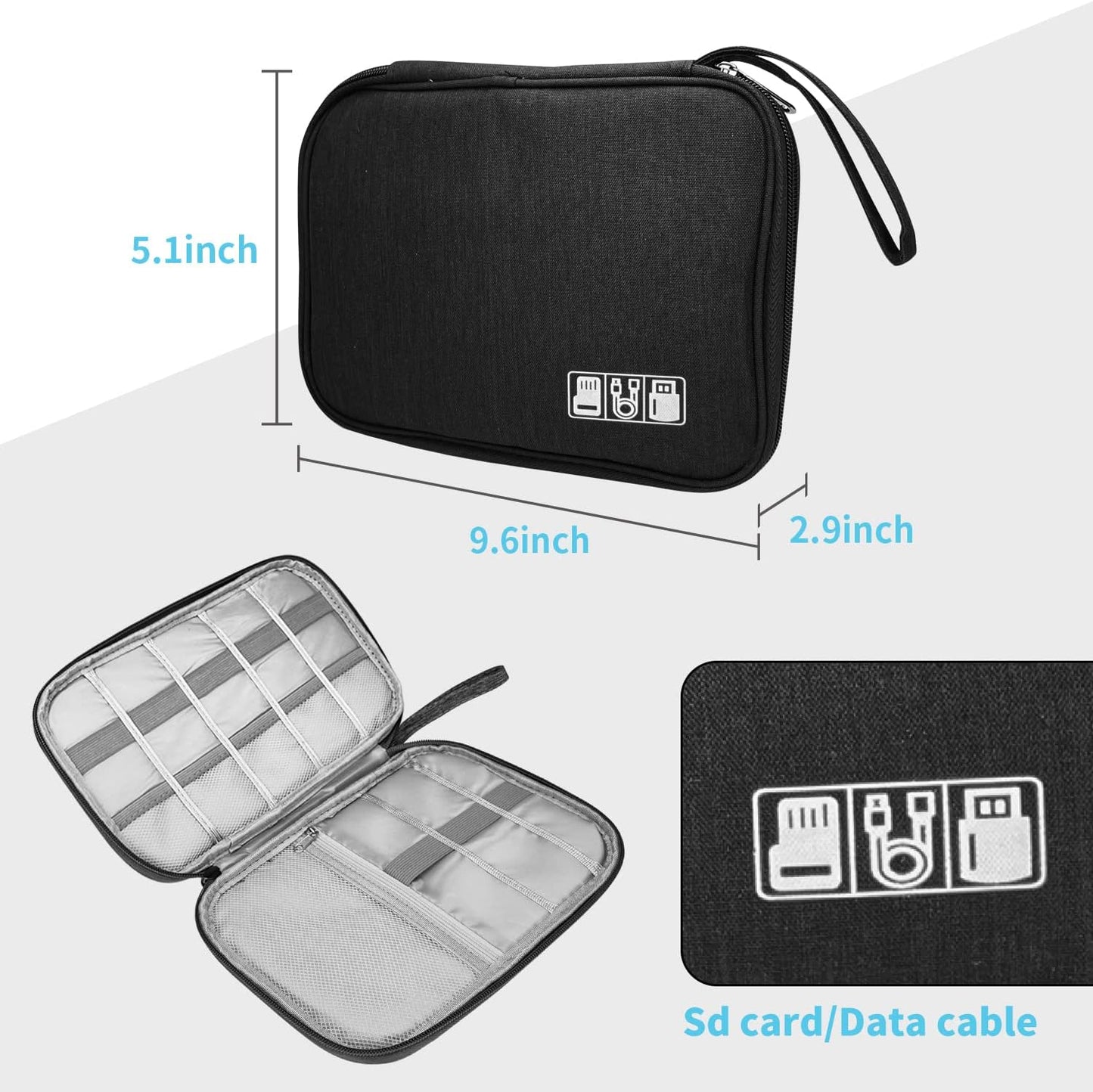 Electronics Organizer Travel Case,Electronic Accessories Storage Bag,Portable Waterproof Cable Organizer Bag,with 5 Cable Ties，for Travel,Work-Black