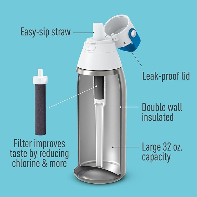 Brita Stainless Steel Premium Filtering Water Bottle, BPA-Free, Reusable, Insulated, Replaces 300 Plastic Water Bottles, Filter Lasts 2 Months or 40 Gallons, Includes 1 Filter, Stainless - 32 oz