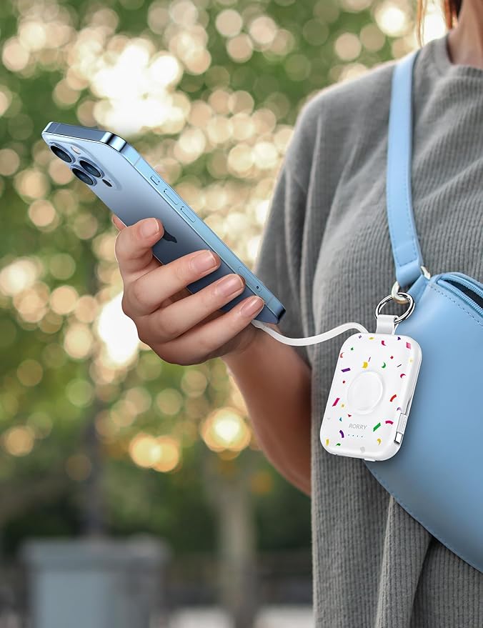 RORRY Portable Charger, 5000mAh Portable Charger Power Bank with Built-in Cables, Travel Keychain Battery Pack for Apple Watch Ultra/11/10/9/8/7/6/SE, iPhone Air/17/16/15/14/13/12, Confetti-White