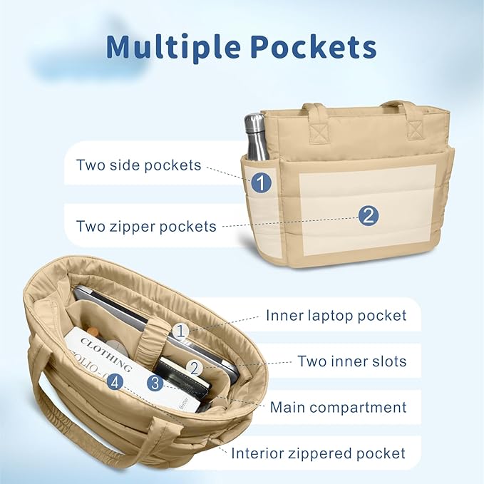 TOPDesign Puffer Tote Bag for Women, Lightweight Puffy Handbag with Compartments, Quilted Shoulder Bag for Work, Travel, Gym