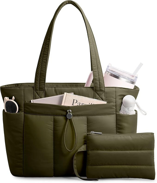 TOPDesign Puffy Tote Bag for Women with Cup Holder & Laptop Compartment & Cosmetic Bag & Trolley Sleeve for Work, Travel