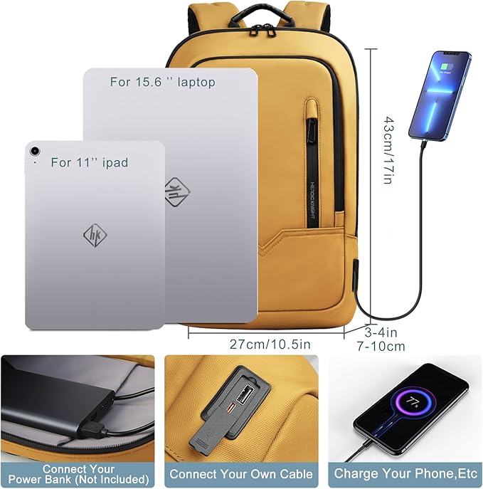 hk Backpack for Men Business Slim Backpack with USB Charger Computer Lightweight Anti-theft Travel (Yellow, 15.6 Inch)