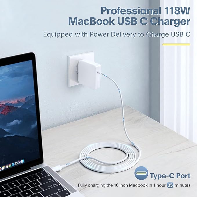 Mac Book Pro Charger - 118W USB C Fast Charger Power Adapter Compatible with MacBook Pro & MacBook Air 13, 14, 15, 16 inch, M1 M2 M3 M4 M5, New ipad Pro and All USB C Device, 6.6ft Charge Cable