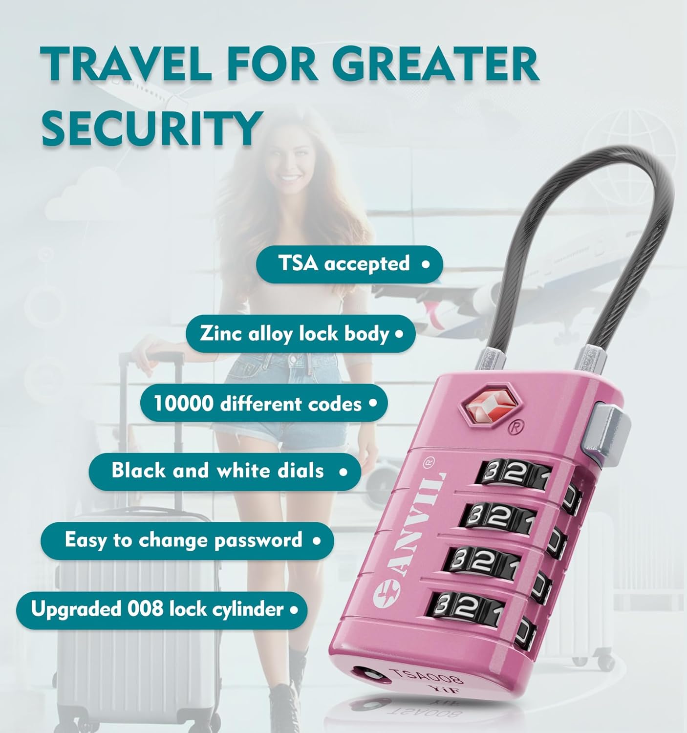 ANVIL 4 Digit Luggage Locks, TSA Locks for Luggage, Advanced TSA008 core, Alert Indicator for Your Travel Lock, Suitcase Lock. (2, Rose Purple)