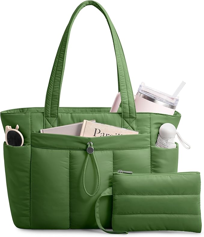 TOPDesign Puffy Tote Bag for Women with Cup Holder & Laptop Compartment & Cosmetic Bag & Trolley Sleeve for Work, Travel