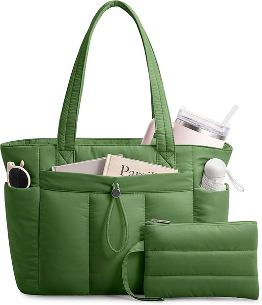 TOPDesign Puffy Tote Bag for Women with Cup Holder & Laptop Compartment & Cosmetic Bag & Trolley Sleeve for Work, Travel