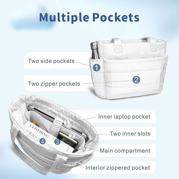 TOPDesign Puffer Tote Bag for Women, Lightweight Puffy Handbag with Compartments, Quilted Shoulder Bag for Work, Travel, Gym