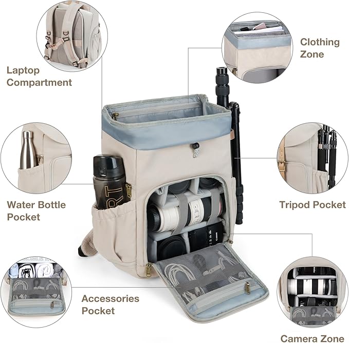BAGSMART Camera Backpack, DSLR Camera Bag Backpacks for Photographers, Waterproof Anti-Theft Photography Backpack with 15 Inch Laptop Compartment & Tripod Holder, Ivory White