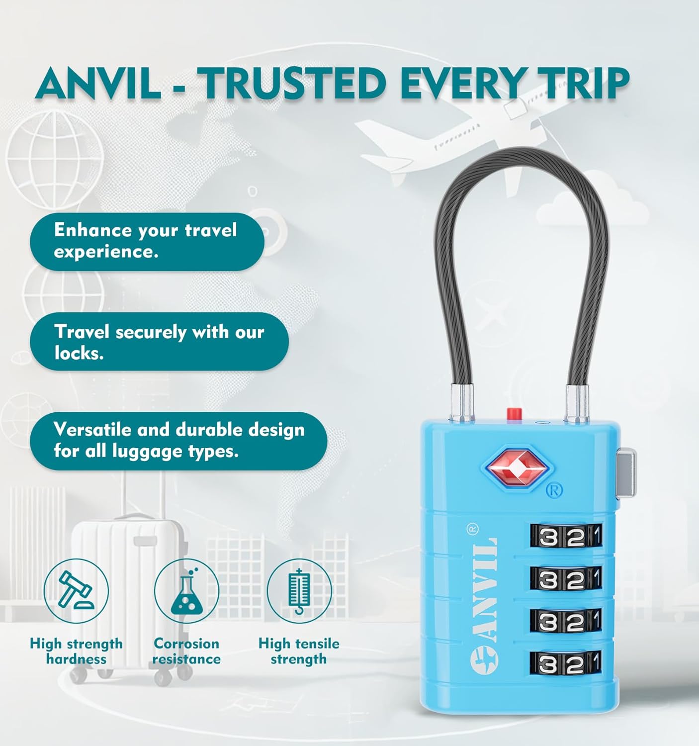 ANVIL 4 Digit Luggage Locks, TSA Locks for Luggage, Advanced TSA008 core, Alert Indicator for Your Travel Lock, Suitcase Lock. (4, Blue)