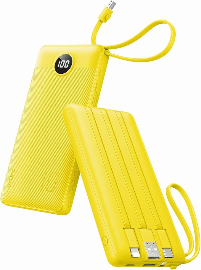 VRURC Portable Charger with Built-in Cables, 10000mAh LED Display USB C Power Bank, Slim Travel Battery Pack with 5 Output 2 Input Compatible with iPhone 17 16 15 13,Samsung,Android etc-Yellow(1 Pack)