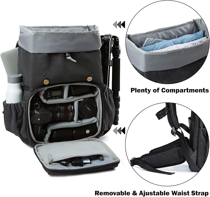 BAGSMART Camera Backpack, Large DSLR/SLR Waterproof Photography Bag Fit up to 15" Laptop with Tripod Holder, Waist Belt and Rain Cover, Black