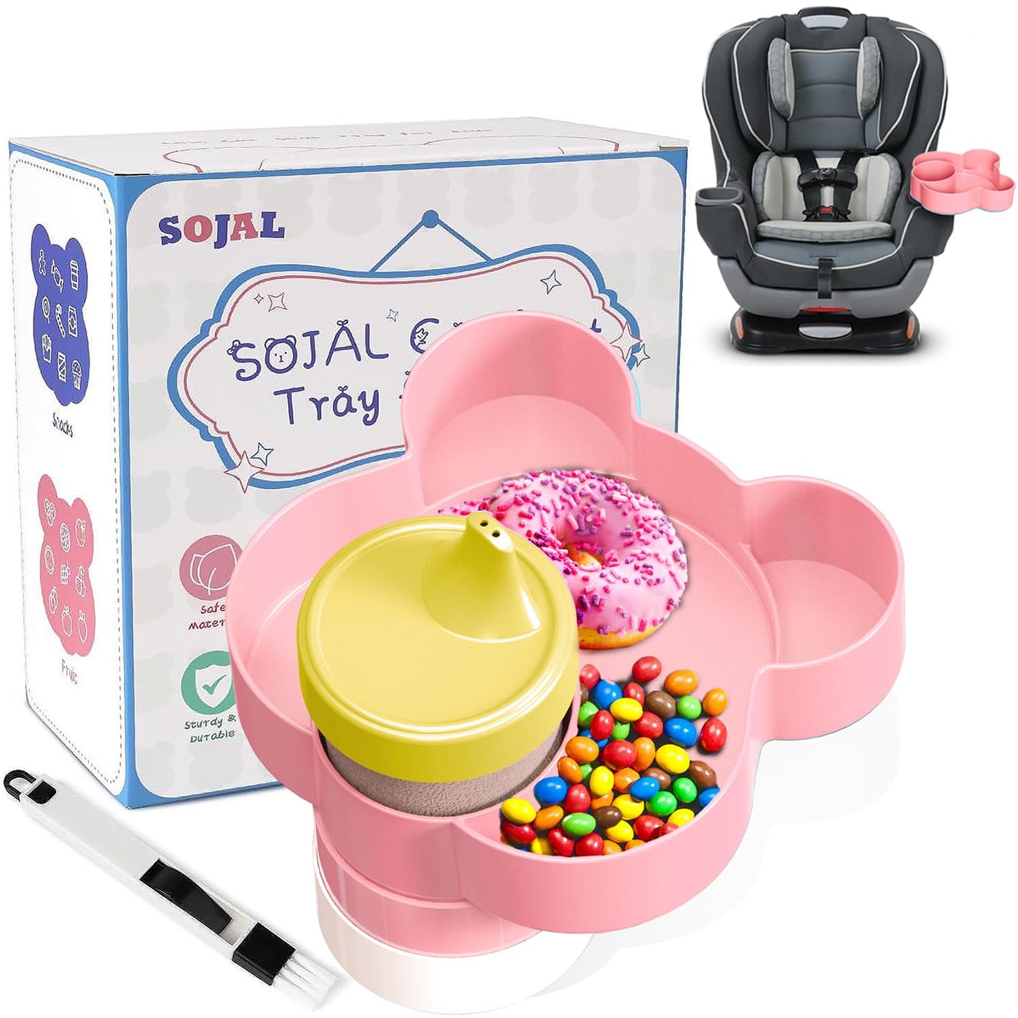 BlueOrigin Car Seat Snack Tray - Travel Tray for Kids Car Seat, Stroller, Booster and Anywhere with a Cup Holder, Toddler Road Trip Essentials Food Plate for Snacks, Toys, Entertainment (Pink)