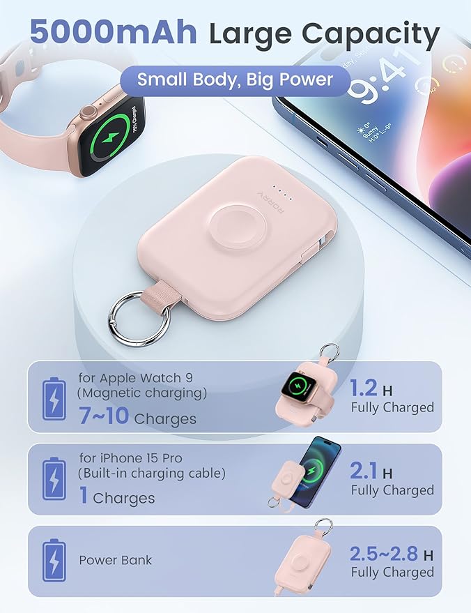 RORRY Portable Charger, 5000mAh Portable Charger Power Bank with Built-in Cables, Travel Keychain Battery Pack for Apple Watch Ultra/11/10/9/8/7/6/SE, iPhone Air/17/16/15/14/13/12, Pink