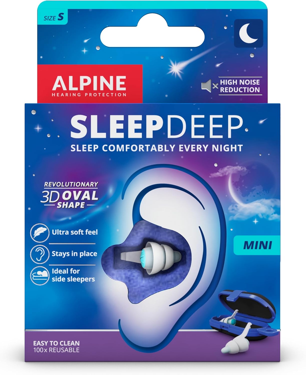 Alpine SleepDeep Mini - Soft Ear Plugs for Sleeping and Concentration - New 3D Oval Shape and Noise Reducing Gel for Better Attenuation - 27dB - Ideal for Side Sleeper - 1-Pair Reusable: S