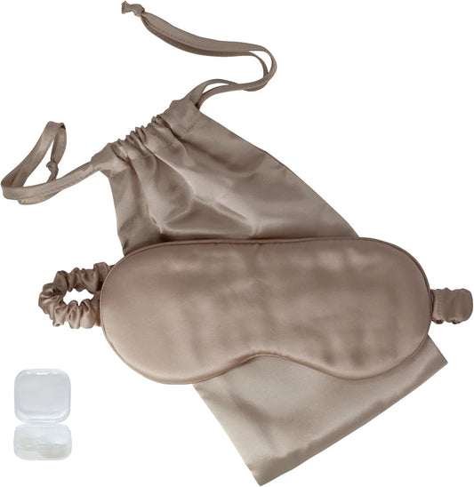 Mulberry Soft Silk Eye Mask for Sleeping with Ear Plugs & Luxury Bag - Cooling Night Eye Covers Face Mask for Women - Blindfold Travel Eye Mask Blocking Out Light - Champagne