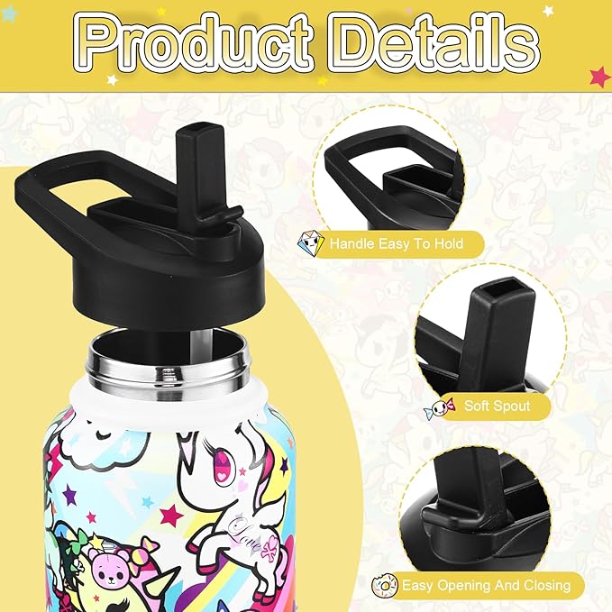 Tokidoki Unicorno 32OZ Water Bottle with straw Anime Cartoon Reusable Insulated Water Bottle Cup Tumbler with Leak Proof Flip for Outdoor Gym (unicorno-01)