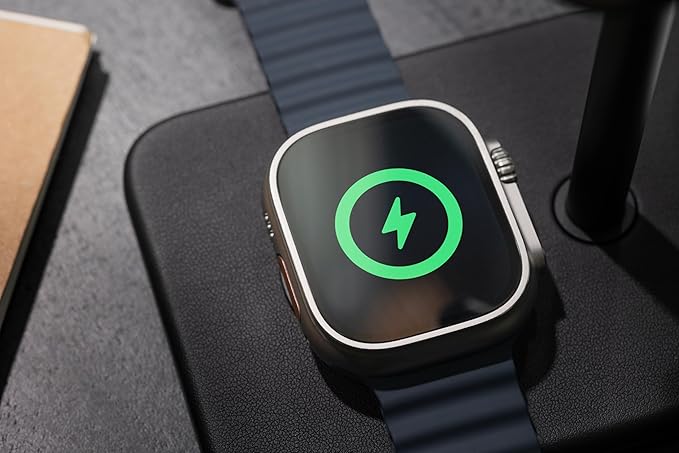 Twelve South HiRise 3 Deluxe, Compact Luxury Wireless Magsafe Charging Stand for iPhone, AirPods and Apple Watch - Includes US Power Supply with 5 Foot Cord, Plus International Plug Adapters, Black