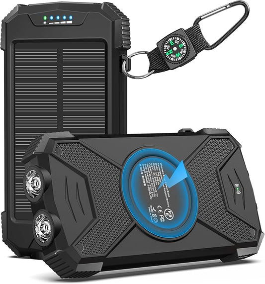 BLAVOR Solar Power Bank 10,000mAh, Portable Wireless Charger, 20W Fast Charging External Battery Pack with USB C for Cell Phones, Solar Panel Charging with Dual Flashlight for Camping