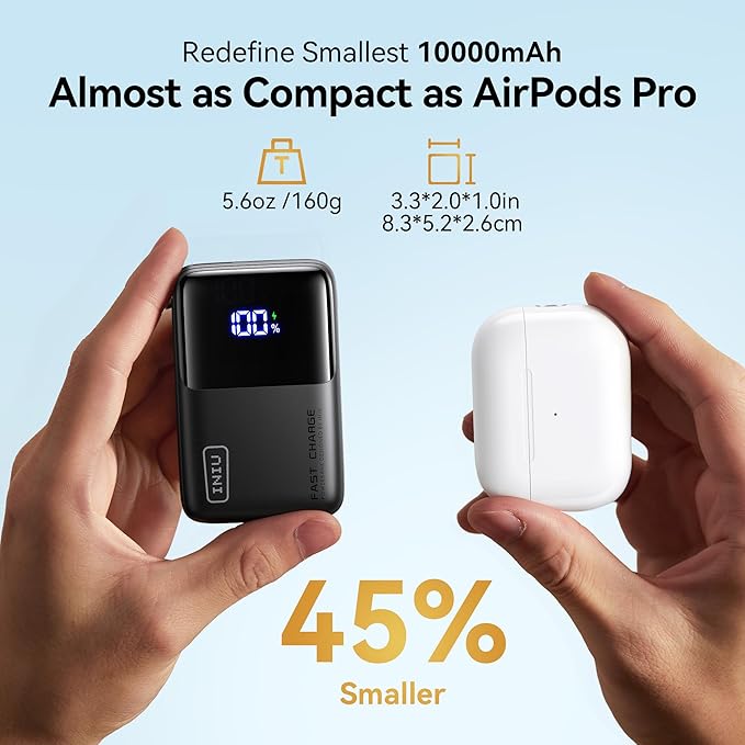 INIU Mini Portable Charger, Small 45W PD Power Bank, 10000mAh USB C in&Out Fast Charging Pocket Size Battery Pack, Travel Essentials Powerbank for iPhone 17 16 15 14 Pro Air, Xiaomi, Samsung S24 etc