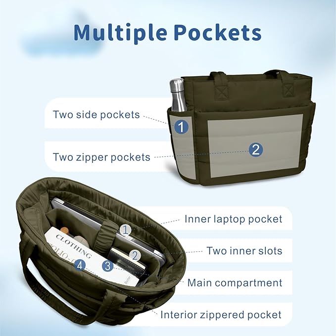 TOPDesign Puffer Tote Bag for Women, Lightweight Puffy Handbag with Compartments, Quilted Shoulder Bag for Work, Travel, Gym