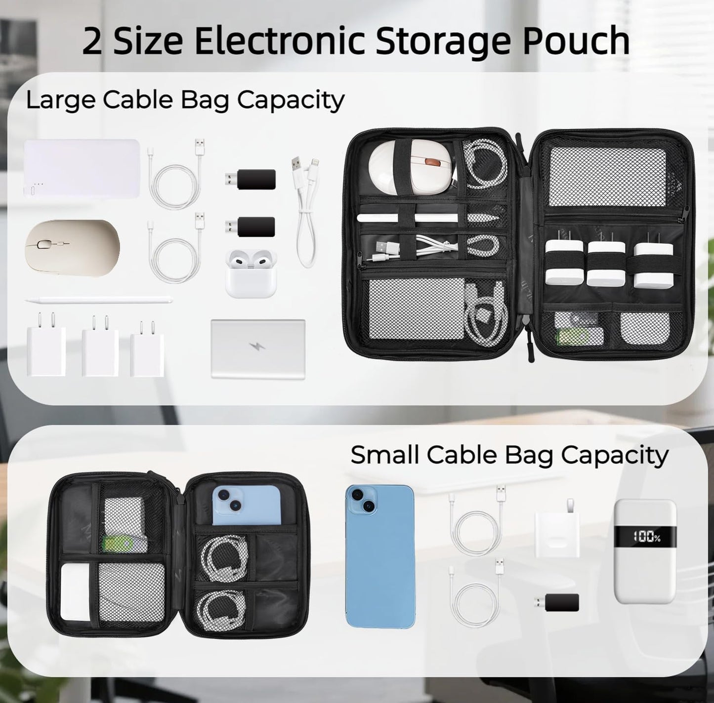 MATEIN Cord Organizer Travel Case 2 Pack, Water Resistant Tech Organizer Pouch for Small Electronic Accessories, Portable Electronics Case Carrying Bag for Cable, Changer, Earphone & Power Bank