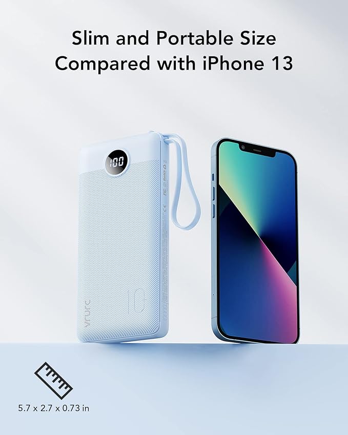 VRURC 10000mAh Power Bank Built-in Cables, Portable Charger with LED Display, Slim Travel Battery Pack with Cords, 5 Output Dual Input Phone Charger for Cell Phone Smart Devcies-Blue(1 Pack)