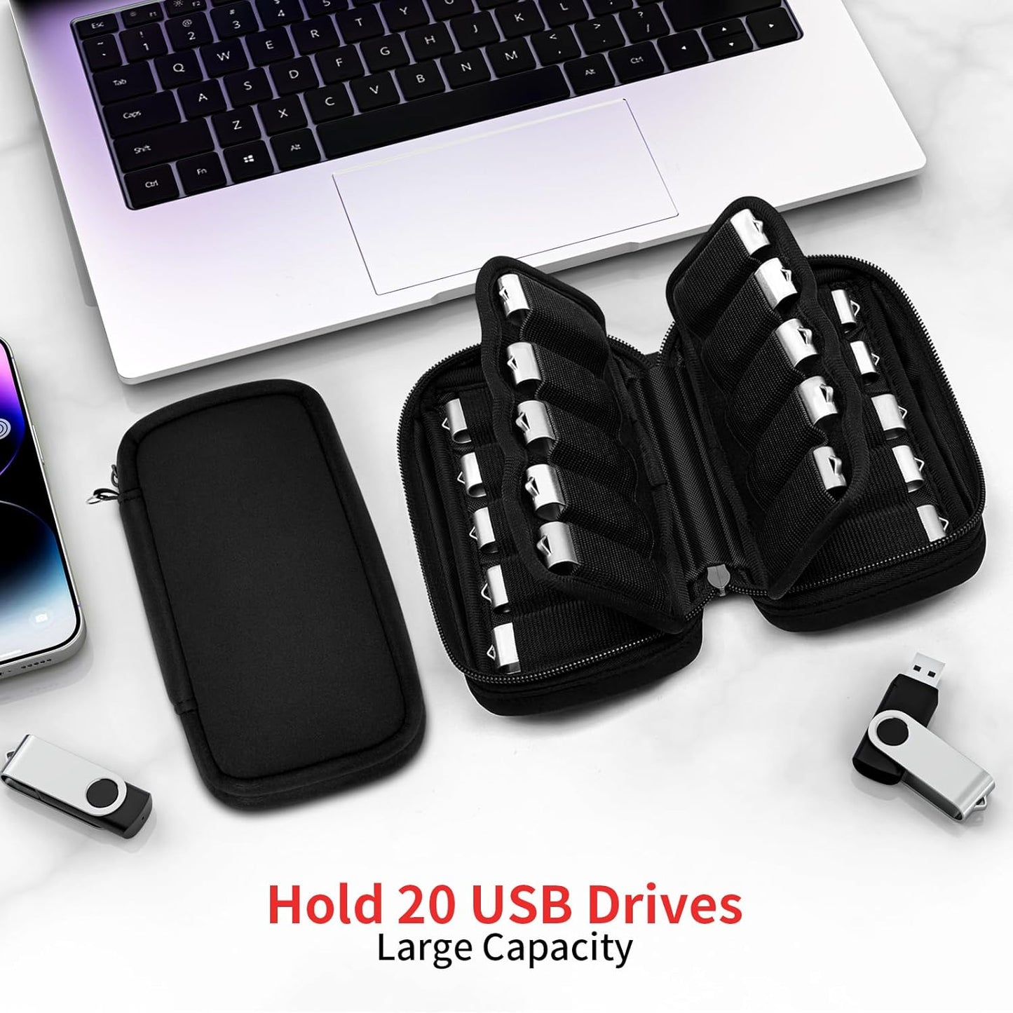 ABLAZE Flash Drive Case 20 Slots for USB Storage, USB Holder Storage Bag with Label, Electronic Accessories Organizer for Thumb Drive (Black)